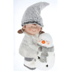 Mädchen Und Schneemann Mit LED - Ca. 28 X 19 X 57 Cm