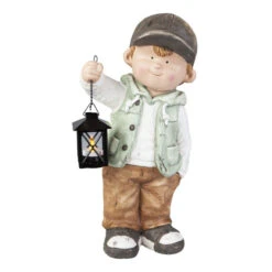 Junge Mit Teelichtlaterne - Aus Magnesia - Ca. 26 X 16 X 44 Cm
