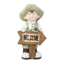 Junge Mit Solar LED Schild - Welcome - Aus Magnesia - Ca. 25,5 X 16,5 X 42 Cm